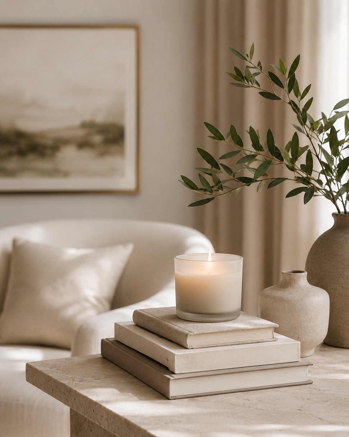 Serene plant and books vignette with refined therapy-office styling