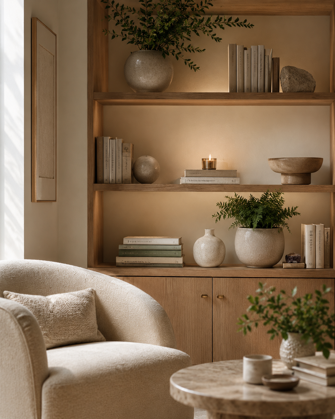 Cozy therapy-office corner with soft textures and plants