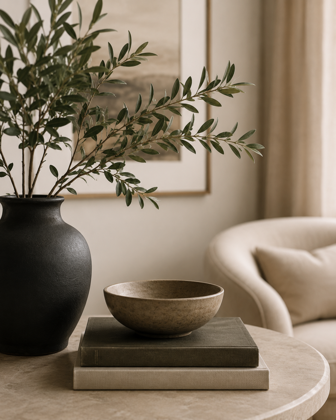 Minimalist interior with green accents and a soft calming mental health office vibe