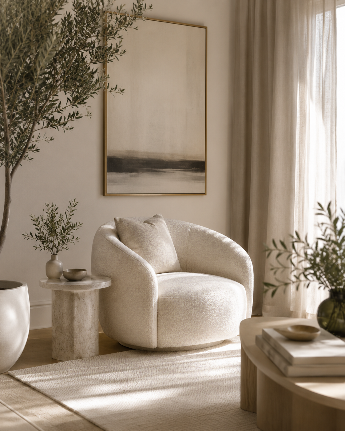 Organic luxury therapy office with a curved cream chair, greenery, and soft natural light